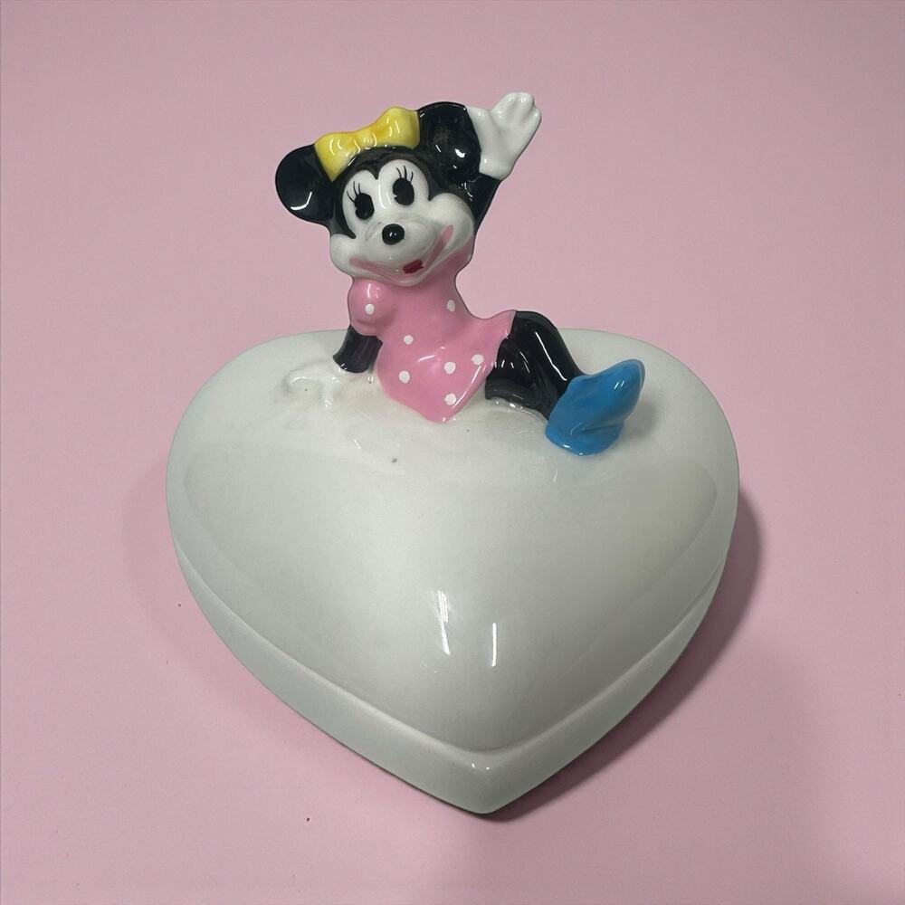 Vtg Minnie Mouse Figurine 4" Trinket Jewelry Ring Heart Box Disney Japan 1970s